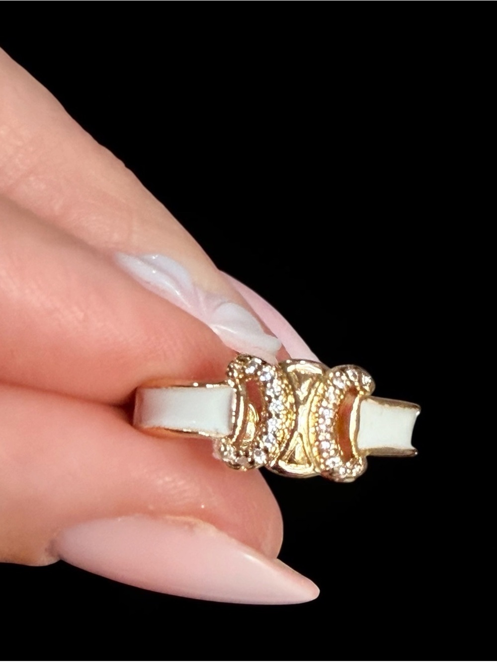 Gold & White Enamel Double-Loop Adjustable Fashion Ring | New